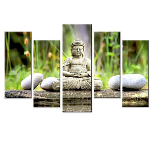 Multiple 5 Panel Peaceful Calming Buddha Religious Framed Canvas Print Wall Painting for Living Room, Bedroom, Office Wall Decoration