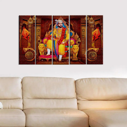 Chattrapati Shivaji Maharaj Wall Painting Wooden Framed 5 Pieces Big Canvas Painting for Living Room, Bedroom, Office Wall Decoration