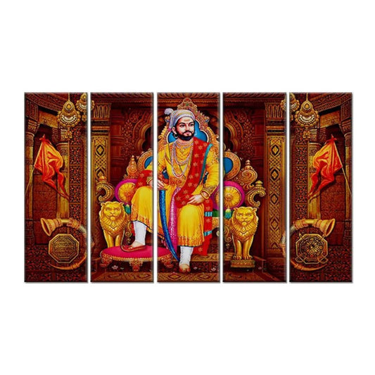 Chattrapati Shivaji Maharaj Wall Painting Wooden Framed 5 Pieces Big Canvas Painting for Living Room, Bedroom, Office Wall Decoration