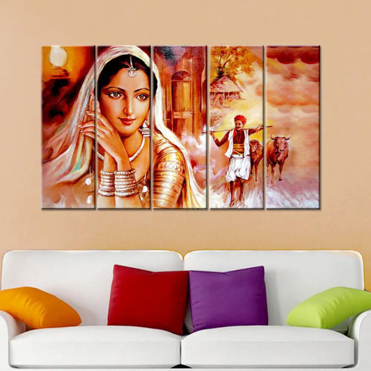 Beautiful Rajasthani India Village Women 5 Pieces Multi Panel Canvas Wall Painting
