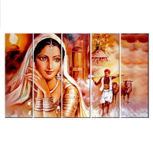 Beautiful Rajasthani India Village Women 5 Pieces Multi Panel Canvas Wall Painting