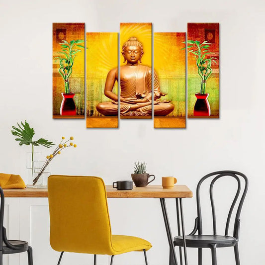 Golden Lord Buddha The Symbol of Peace Wall Mount Multi Framed Canvas Wall Painting for Living Room, Bedroom, Office Wall Decoration