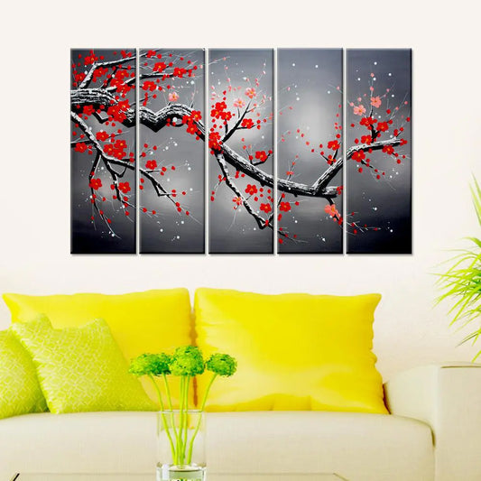 Red Cherry Blossom Tree Branch Multiple Framed Canvas Wall Painting