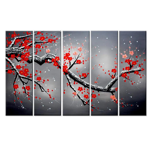 Red Cherry Blossom Tree Branch Multiple Framed Canvas Wall Painting
