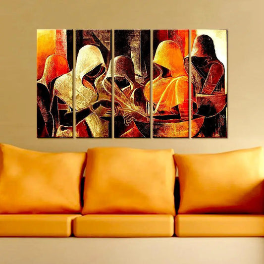 Indian Folk Art Rajasthani village womens Canvas Printed 5 Pieces Multi Panel Framed Wall Painting