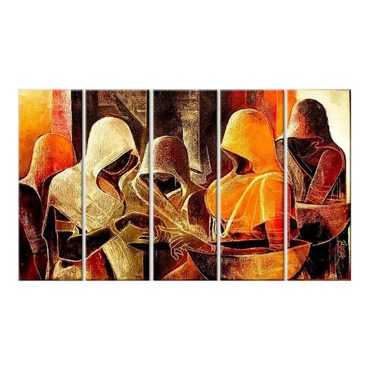 Indian Folk Art Rajasthani village womens Canvas Printed 5 Pieces Multi Panel Framed Wall Painting