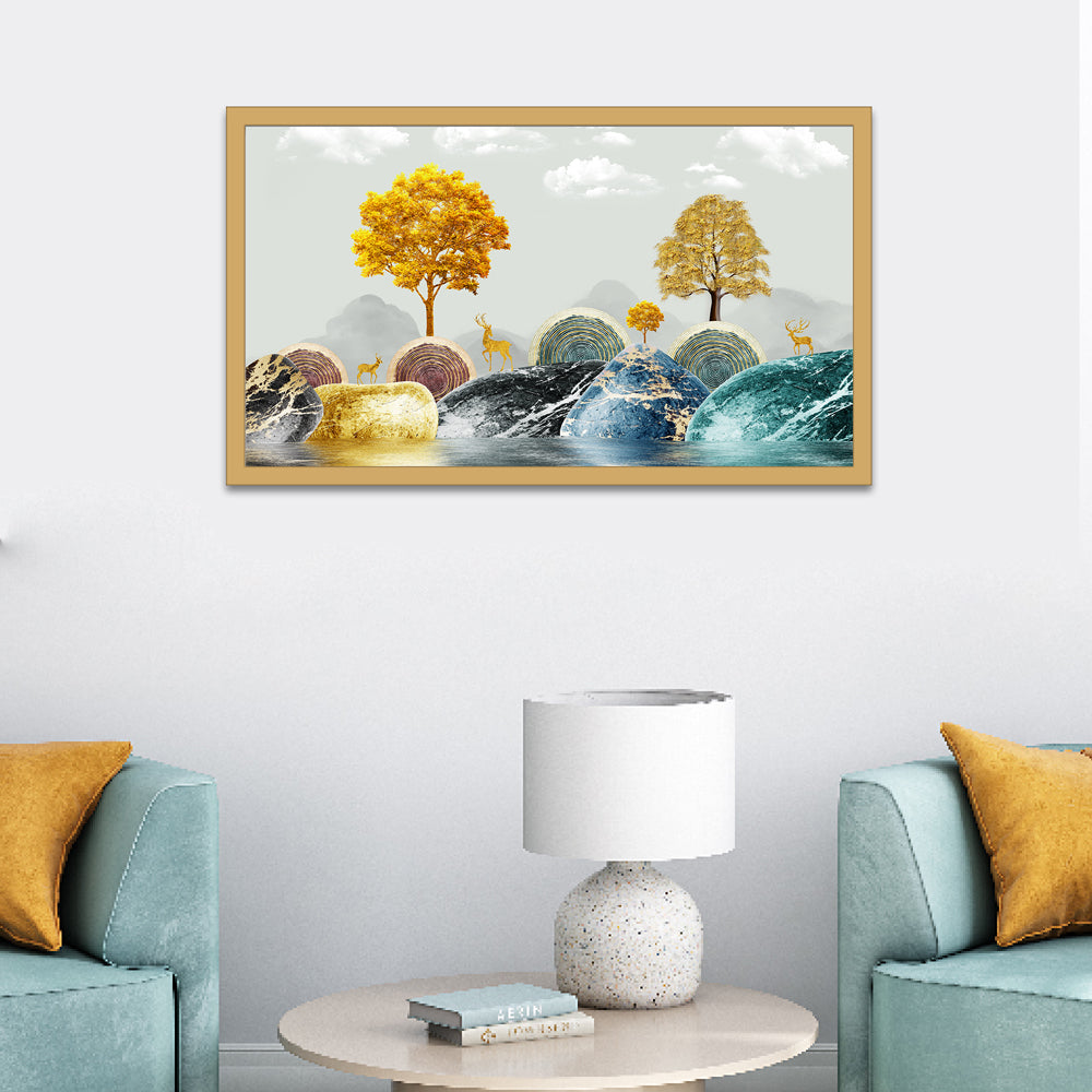 Radiant Arboreal Reverie Golden Trees Floating Framed Canvas Wall Painting