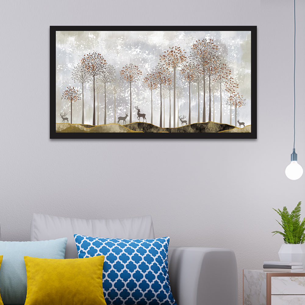 Tranquility Modern Golden Tree and Deer Floating Frame Canvas Wall Painting