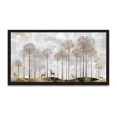 Tranquility Modern Golden Tree and Deer Floating Frame Canvas Wall Painting