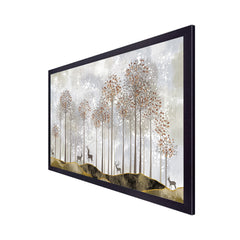 Tranquility Modern Golden Tree and Deer Floating Frame Canvas Wall Painting