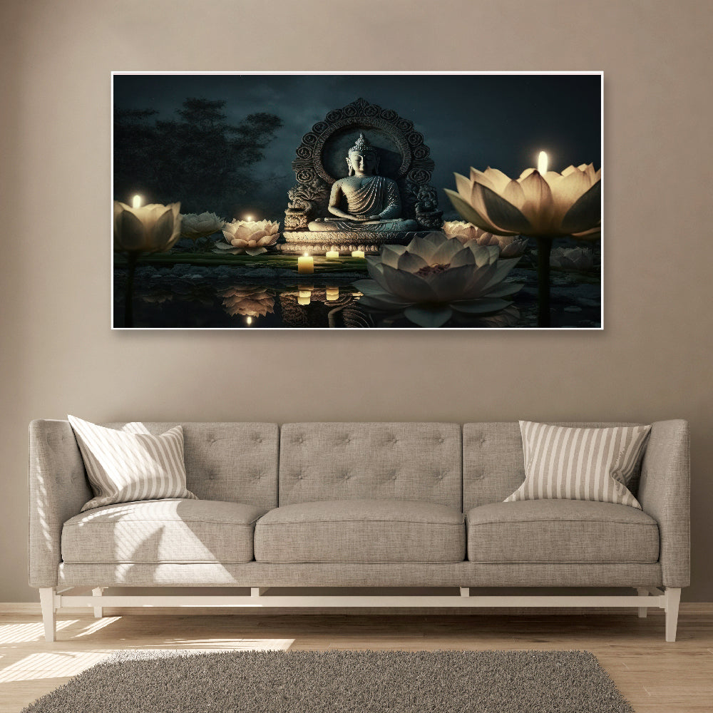 Lord Buddha Meditating in Lotus Floating Frame Canvas Wall Painting