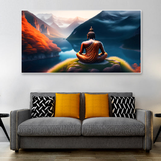 Buddha Sitting on a Rock Overlooking a Lake Floating Frame Canvas Wall Painting