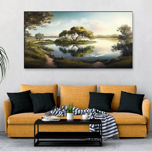 Natures Beauty Captured in Tranquil Mountain Floating Framed Canvas Wall Painting