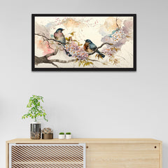 Colorful Birds on Stick Blooming Tree with Flower Floating Frame Canvas Wall Painting