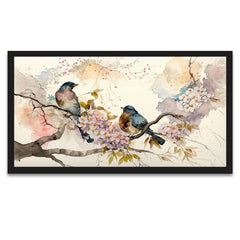 Colorful Birds on Stick Blooming Tree with Flower Floating Frame Canvas Wall Painting