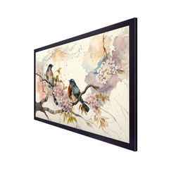 Colorful Birds on Stick Blooming Tree with Flower Floating Frame Canvas Wall Painting