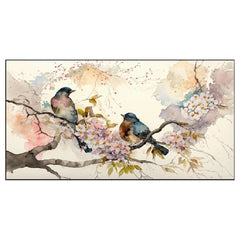 Colorful Birds on Stick Blooming Tree with Flower Floating Frame Canvas Wall Painting