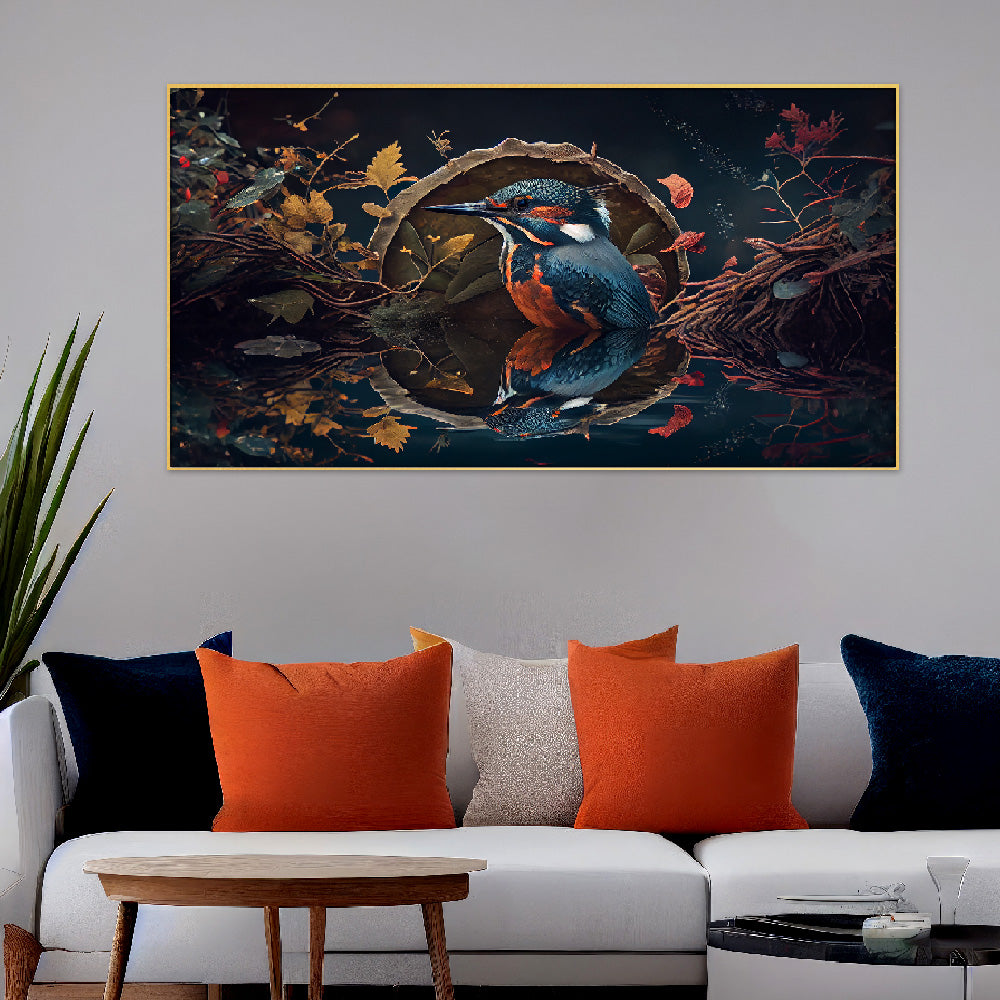 Beautiful Kingfisher Bird Sits on a Branch Floating Frame Canvas Wall Painting