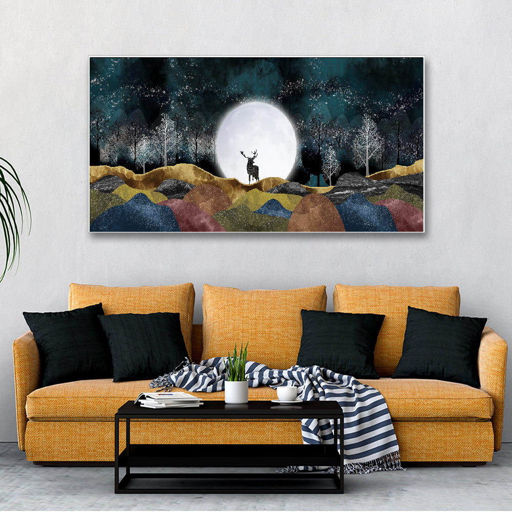 Beautiful Deer in Moonlight Forest Floating Frame Canvas Wall Art Painting