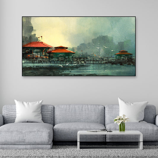 Beautiful Harbor Fishing Village Floating Frame Canvas Wall Painting