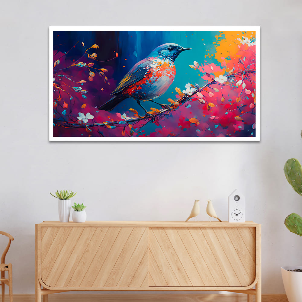 Colorful Blue Bird on the Branch Multicolor Floating Frame Canvas Wall Painting