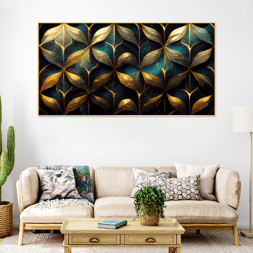 Golden Textured Abstract Nature Inspired Tropical leaves Floating Frame Canvas Wall Painting