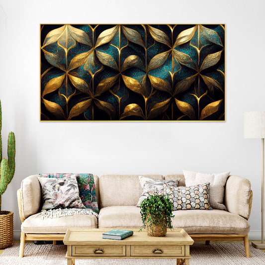 Golden Textured Abstract Nature Inspired Tropical leaves Floating Frame Canvas Wall Painting
