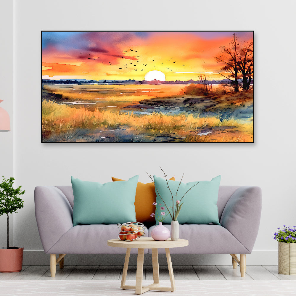 Beautiful Sunset Over a Field with Flowers and Trees Floating Frame Canvas Wall Painting