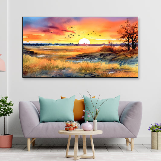 Beautiful Sunset Over a Field with Flowers and Trees Floating Frame Canvas Wall Painting