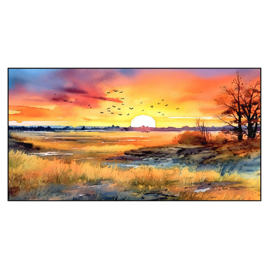 Beautiful Sunset Over a Field with Flowers and Trees Floating Frame Canvas Wall Painting