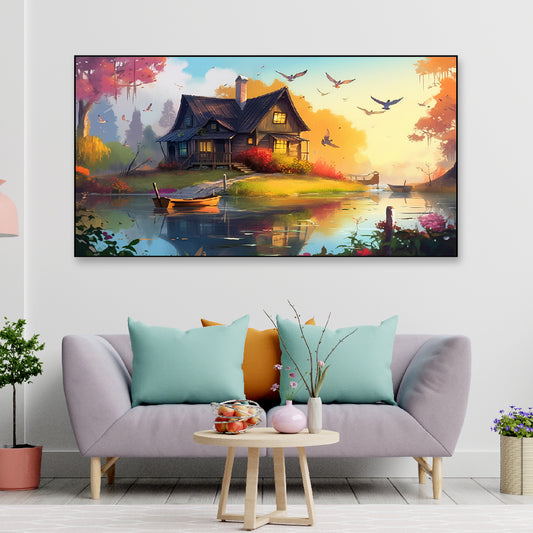 Beautiful House on the Lake with Flying Birds Nature Floating Frame Canvas Wall Painting