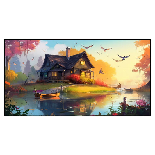 Beautiful House on the Lake with Flying Birds Nature Floating Frame Canvas Wall Painting