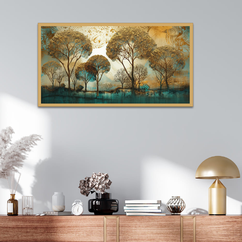 Abstract Gold and Blue Tree Landscape Floating Frame Landscape Canvas Wall Painting