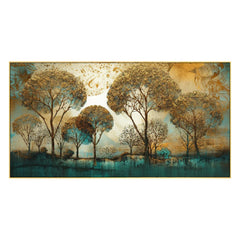 Abstract Gold and Blue Tree Landscape Floating Frame Landscape Canvas Wall Painting