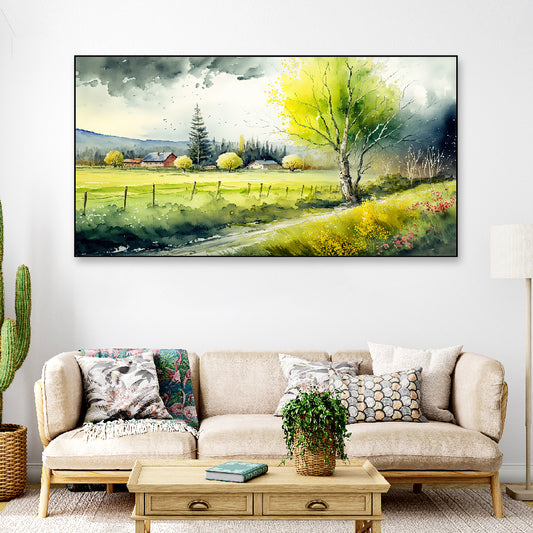 Green Bloom Trees Spring Landscape Floating Framed Canvas Wall Painting