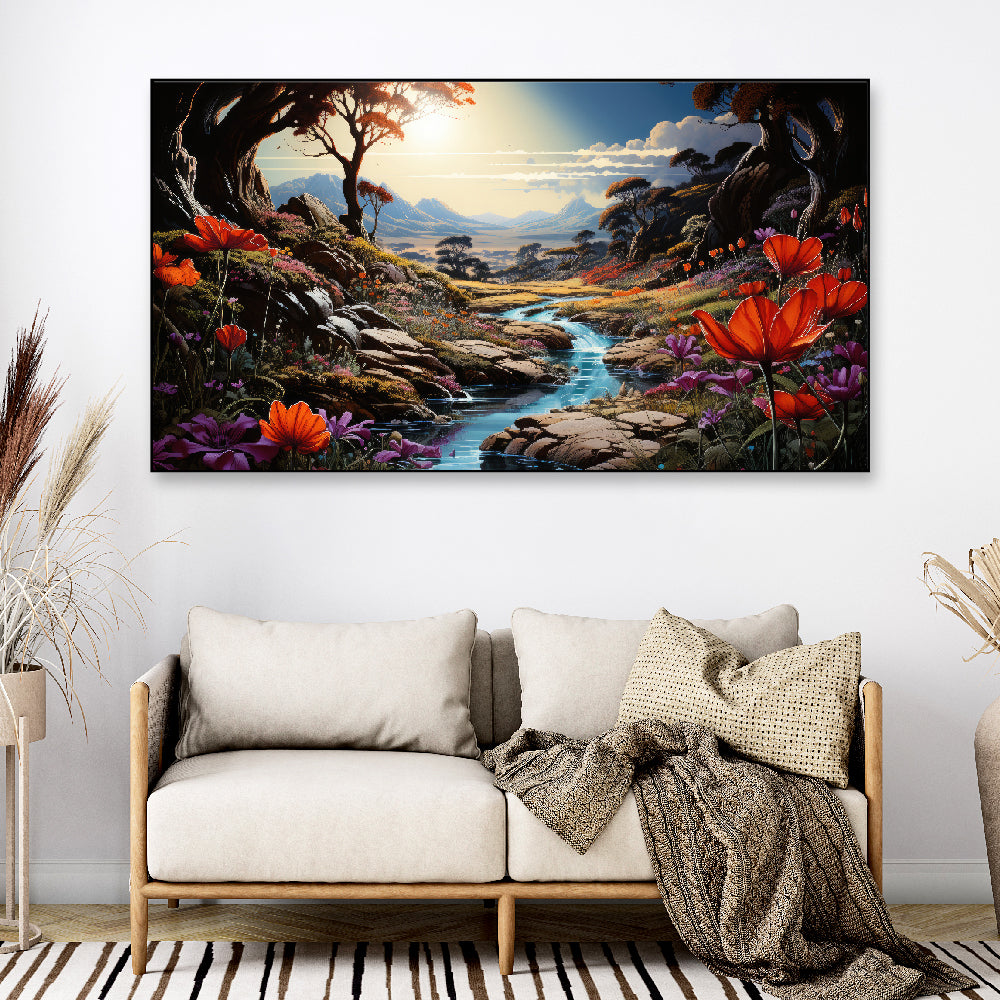 Beautiful Field of Flowers with Sunrise Floating Frame Landscape Canvas Wall Painting