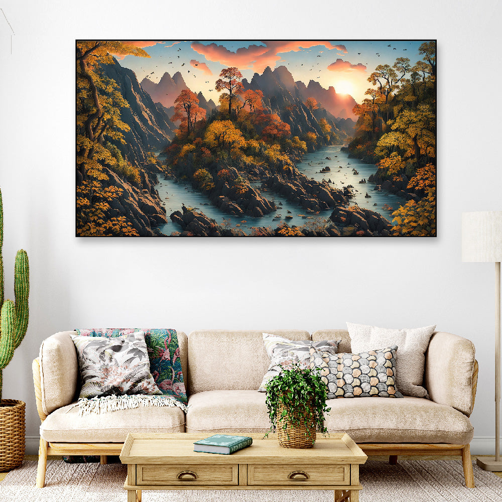 Beautiful Nature Autumn Mountain Floating Frame Landscape Canvas Wall Painting