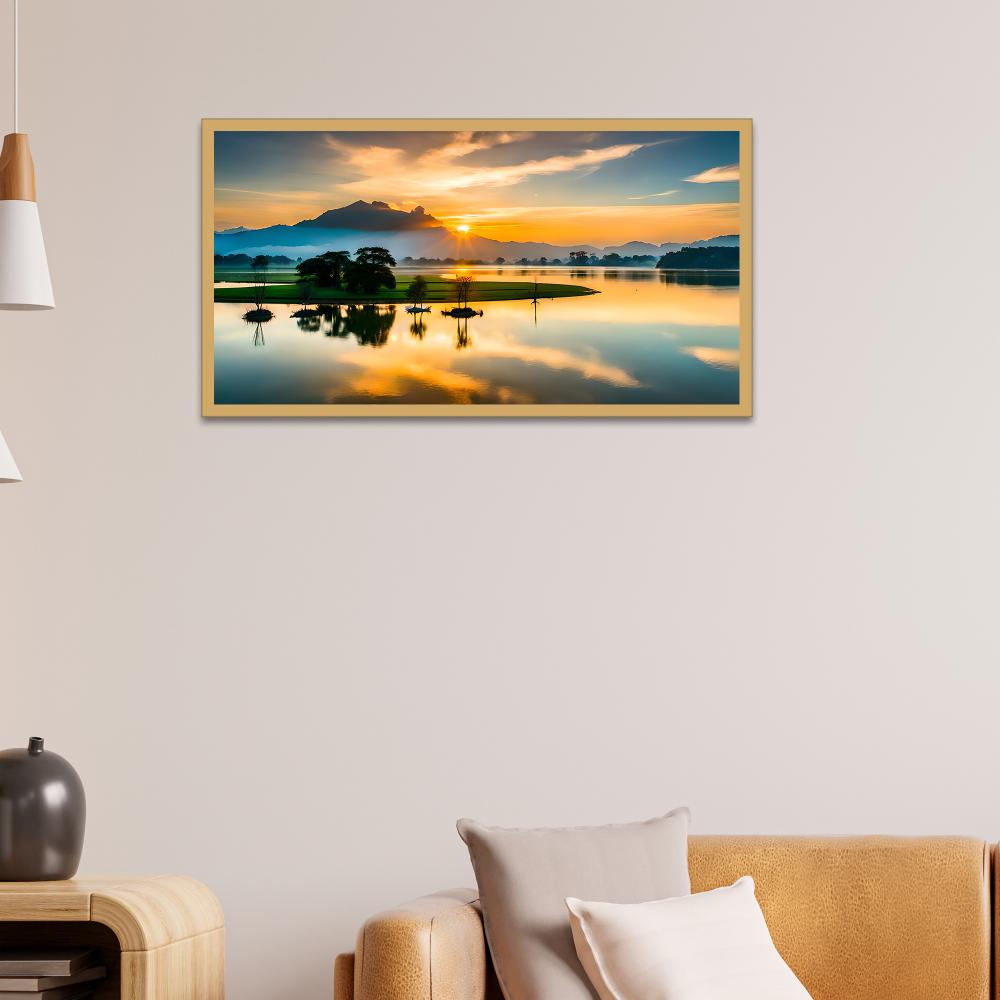 Beautiful Sunrise Over a Lake with Mountains Canvas Framed Wall Painting