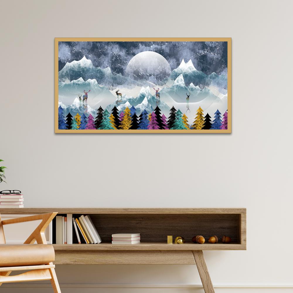 Multicolor Deer Amidst Snowy Peaks Floating Framed Canvas Wall Painting