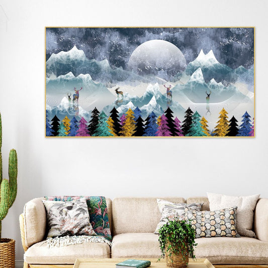 Multicolor Deer Amidst Snowy Peaks Floating Framed Canvas Wall Painting