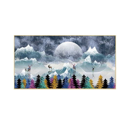 Multicolor Deer Amidst Snowy Peaks Floating Framed Canvas Wall Painting