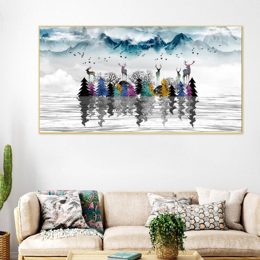 Deer Amidst Snowy Peaks Abstract Canvas Framed Wall Painting