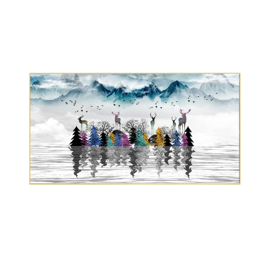 Deer Amidst Snowy Peaks Abstract Canvas Framed Wall Painting