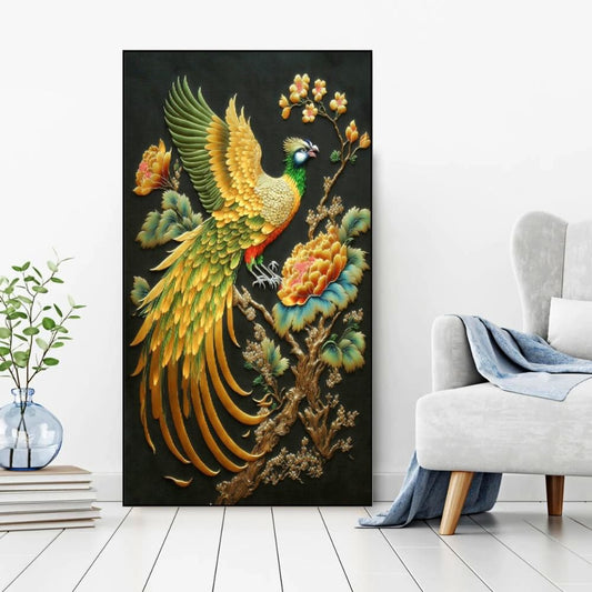 Beautiful Golden Bird Sitting on Top of a Branch Canvas Floating Frame Wall Painting