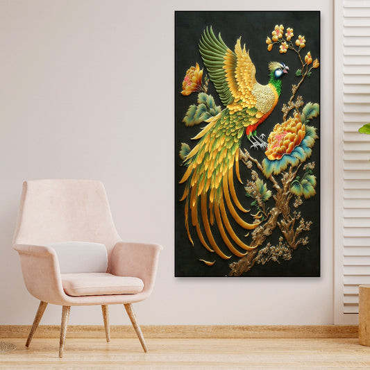 Beautiful Golden Bird Sitting on Top of a Branch Canvas Floating Frame Wall Painting