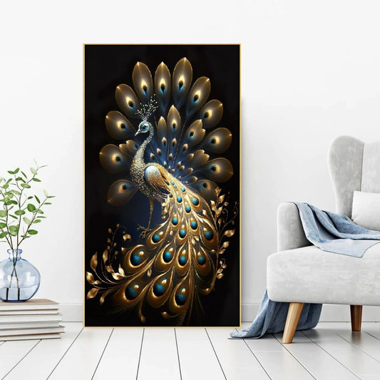 Panoramic Golden Peacock Design Canvas Floating Frame Wall Painting