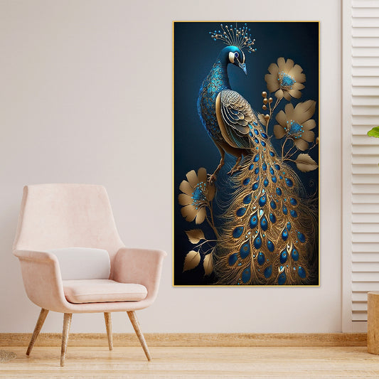 Modern Art Golden Peacock Oriental Luxury Style Canvas Floating Frame Wall Painting