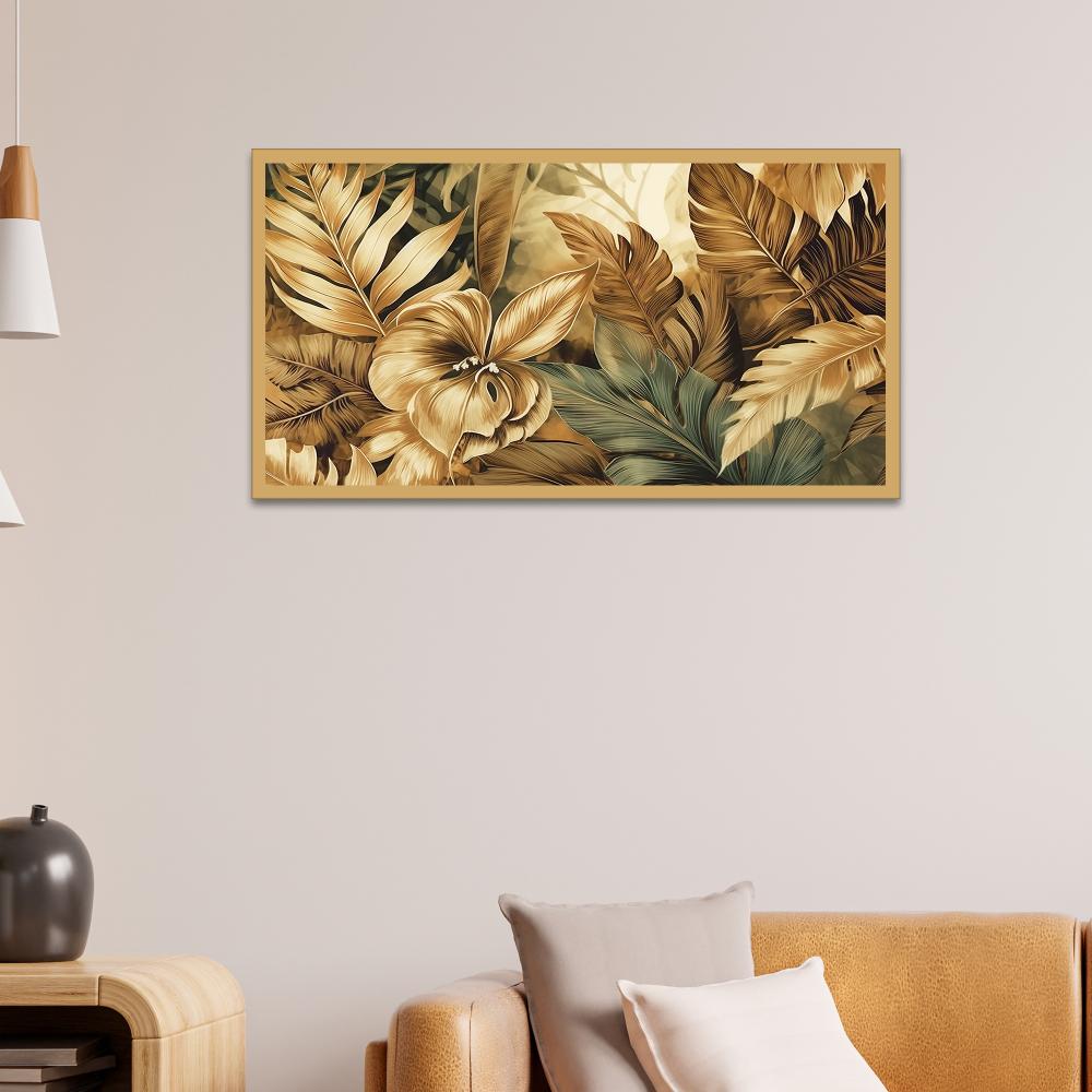 Tropical Golden Leaf Floating Framed Canvas Wall Painting