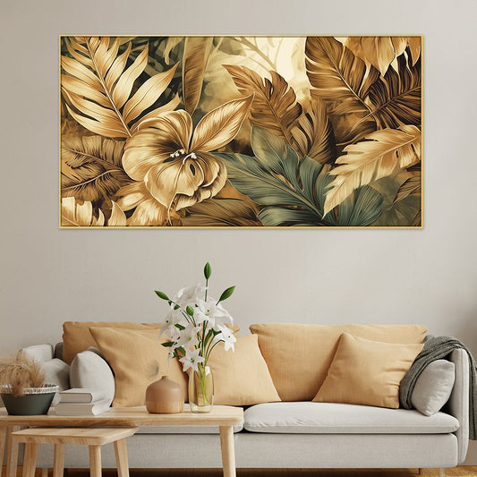 Tropical Golden Leaf Floating Framed Canvas Wall Painting