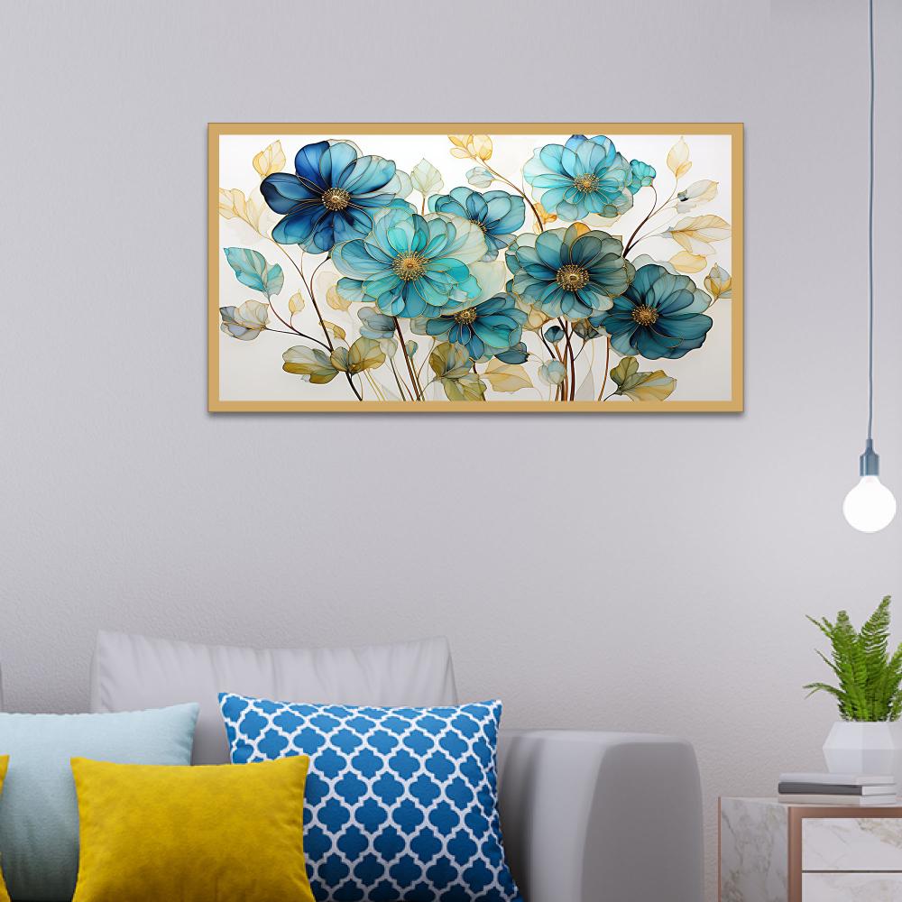 Canvas Blue Floral Floating Framed Canvas Wall Painting